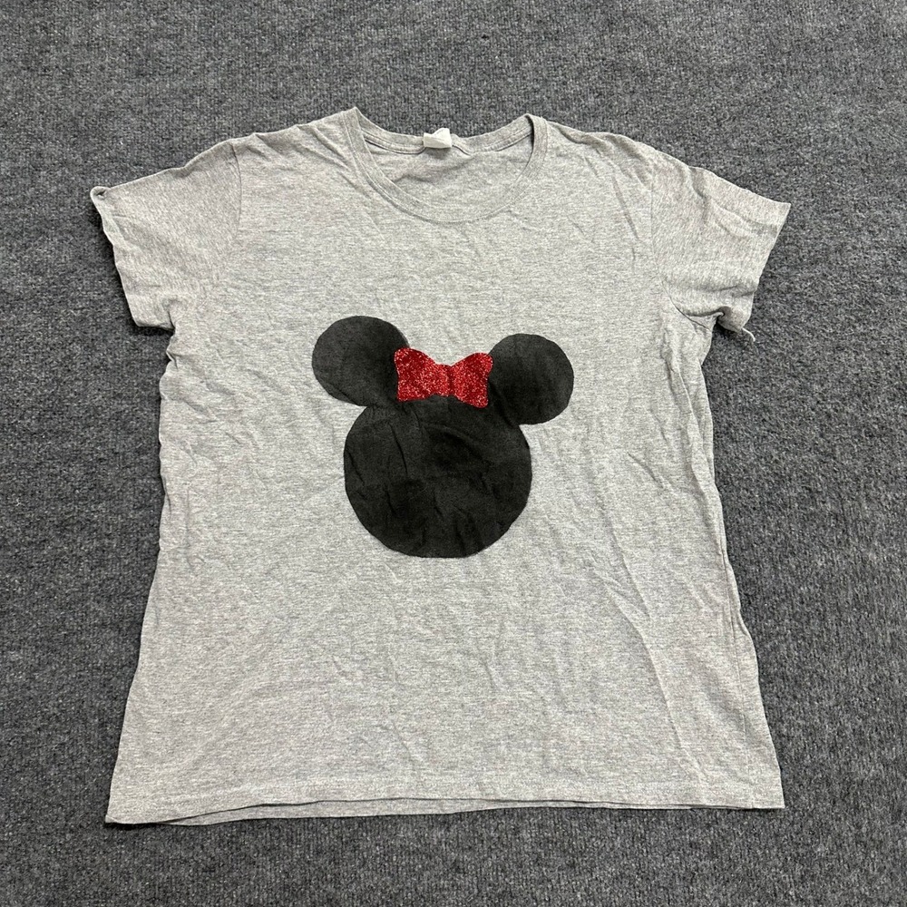 Gildan T-shirt Womens XL Gray Minnie Mouse Red Glitter Bow Short Sleeve Cotton